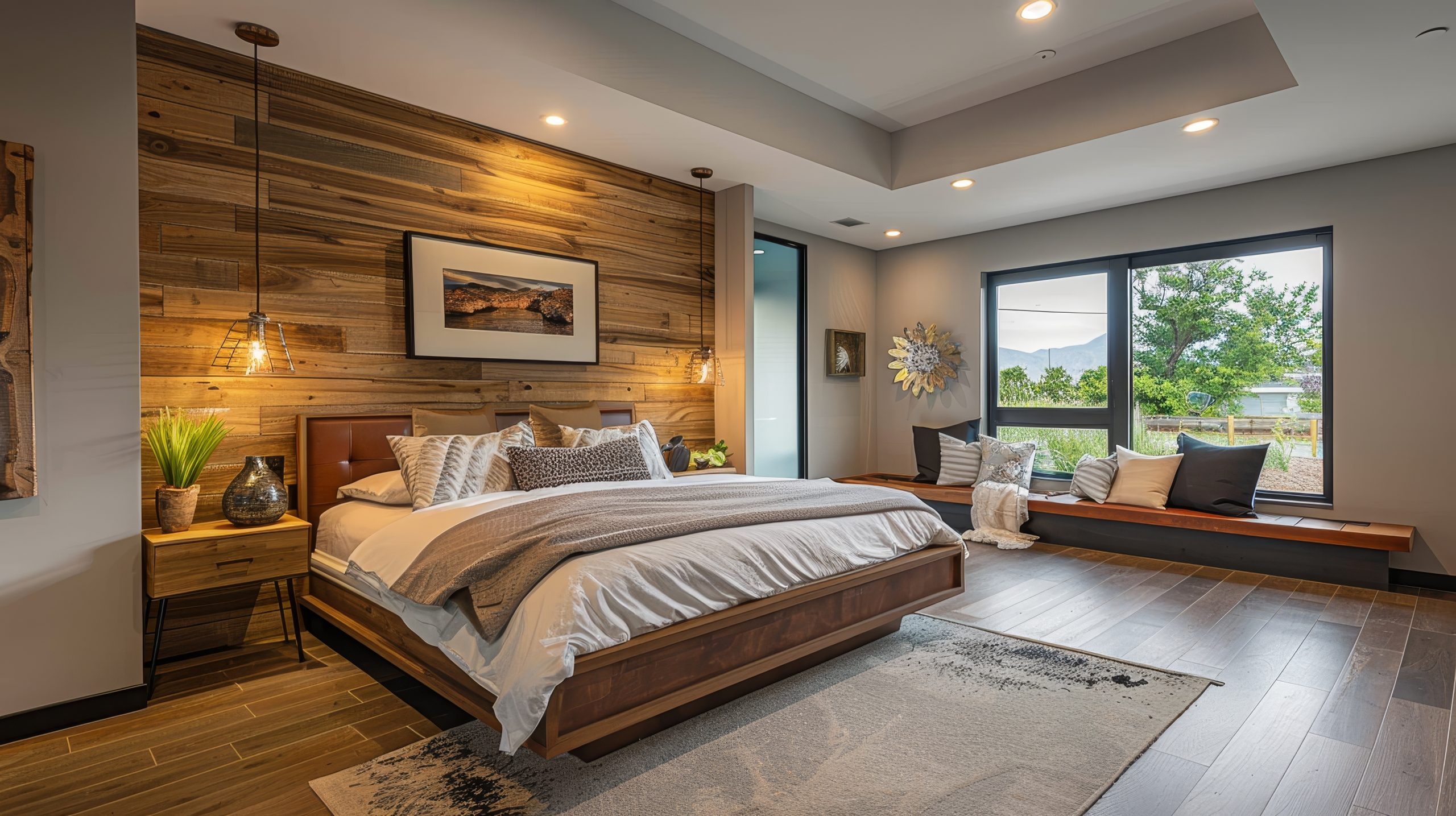 a bedroom with a bed and a bench and lighting feature